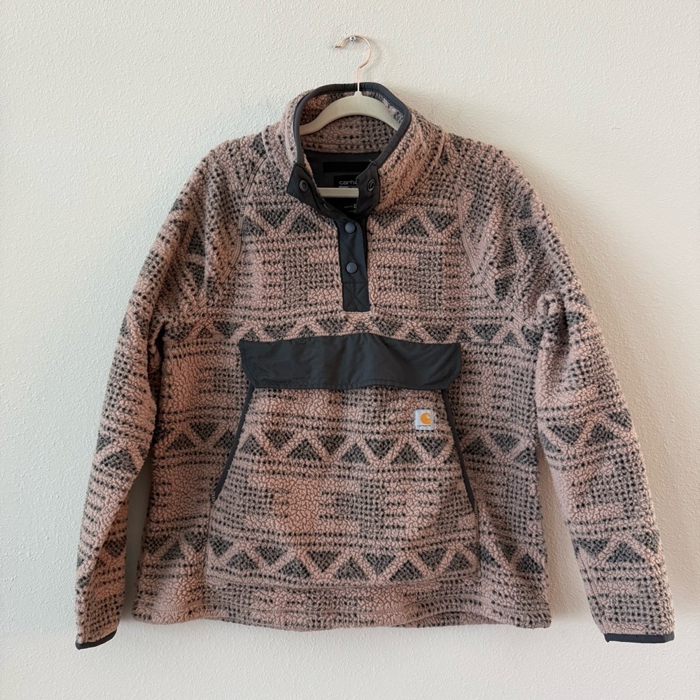 Carhartt Women's Relaxed Fit Fleece Pullover Warm Taupe Geometric Print Large - Picture 2 of 9